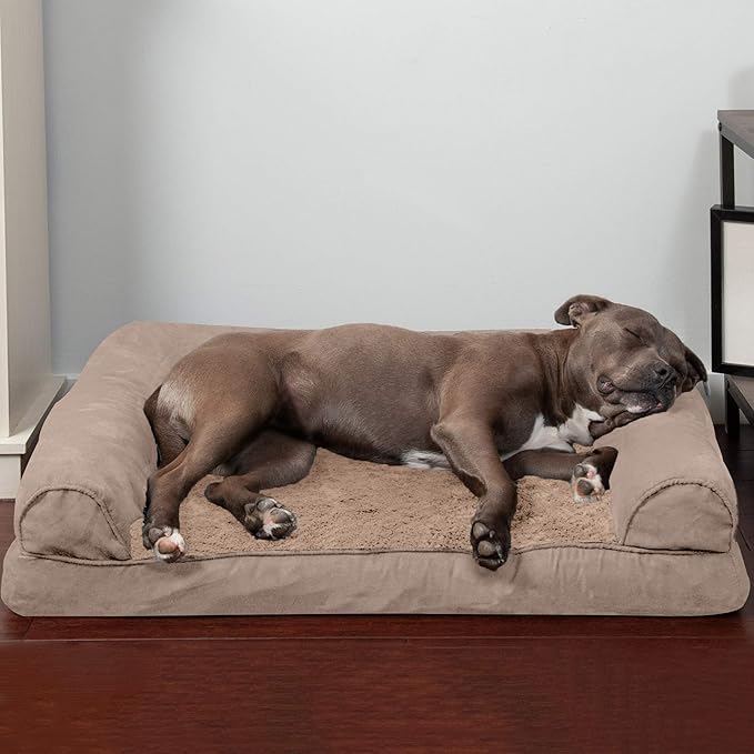 Furhaven Orthopedic Dog Bed for Large/Medium Dogs w/ Removable Bolsters & Washable Cover, For Dogs Up to 55 lbs - Plush & Suede Sofa - Almondine, Large-Mewly Pet