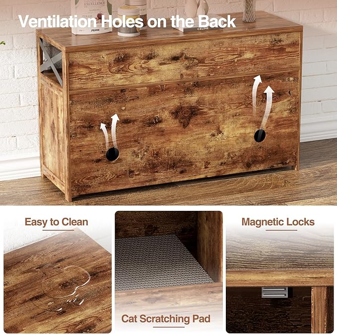 Cat Litter Box Enclosure for 2 Cats, 47" Double Hidden Litter Box Furniture with Scratch Pad, Farmhouse Indoor Litter Box Cabinet Cat Washroom, Rustic Brown-Mewly Pet