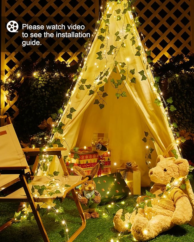 Solar Fairy Lights Outdoor, 2 Packs Total 66Ft Solar String Lights with Ivy, Plant Vine for Camping Outside Garden Yard Fence Wall
