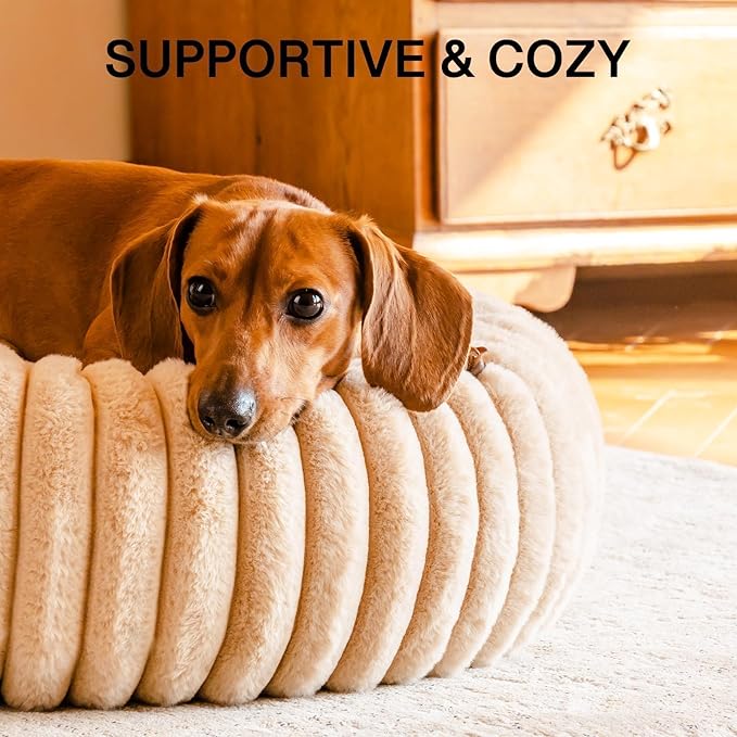 MEWOOFUN Donut Dog Beds for Small Dog, Calming Bed Round Cute Puppy Bed with Non-Slip Bottom, Fluffy Washable Pet Bed for Puppy and Kitten (Light Brown, S (25x25x7))-Mewly Pet