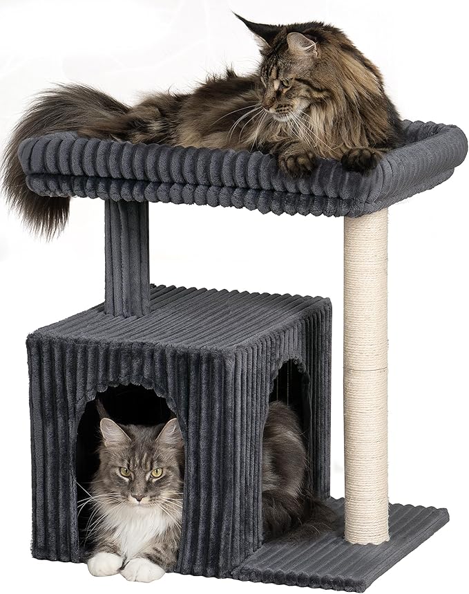 Cat Tree for Large Cat, 22.8” Cat Tower with Scratching Post, 20.9 * 15.7in Perch Bed for Adult Cats, Cat Condo with 2 Caves for Indoor Cats, Dark Gray-Mewly Pet