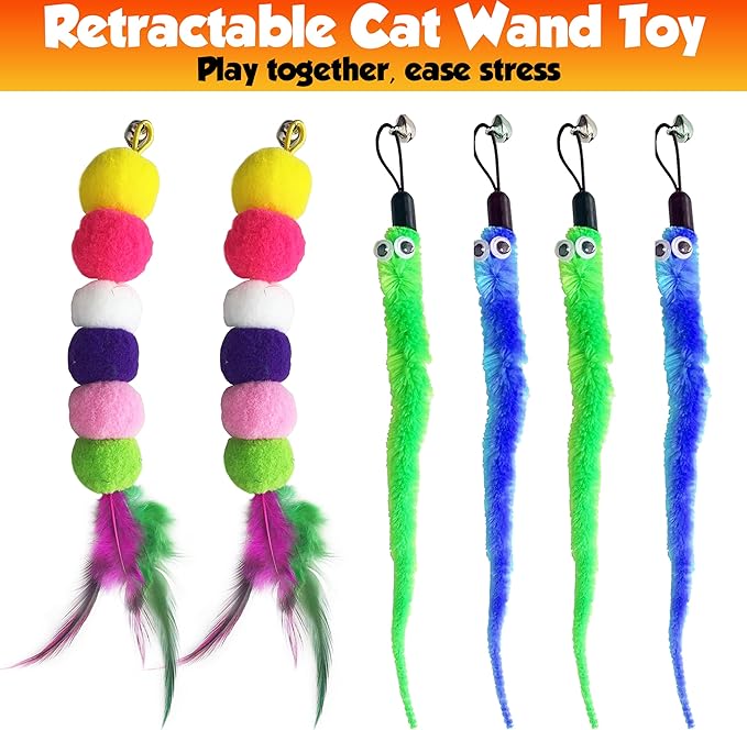 Retractable cat wand toys, 14PCS teaser refills-feather & worm refills and chirping mouse toy, interactive cat teaser toys for indoor cats, fishing pole games for bored indoor kitten exercise & play-Mewly Pet