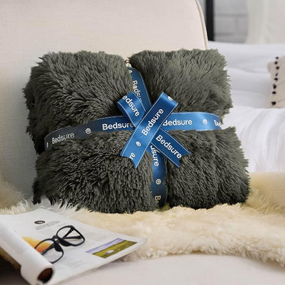 Bedsure GentleSoft Fuzzy Sherpa Faux Fur Twin Blanket Olive Green Cozy Gifts for Women Men, Soft Fleece Plush Warm Minky Thick Blanket Twin Size for Bed, Room Dorm Essentials Olive Decor Gifts, 60x80