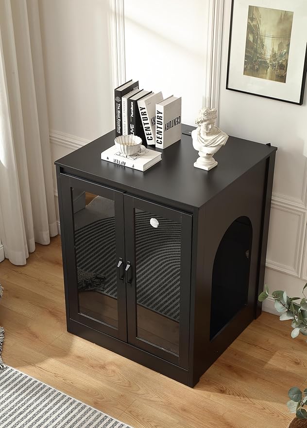 Cat Litter Robot Enclosure with Glass Cat-Observant Doors,Litter Robot Cabinet with Reversible and Optional Entry(Left or Right),Cozy LED for Cats,Power Outlet for More Choice, Black-Mewly Pet