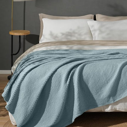 PHF 100% Cotton Waffle Weave Blanket Queen Size for Bed,Snag Proof Lightweight Breathable Moisture-Wicking Throw for Couch,Great for Layering in Cold Weather,Machine Washable, Home Decor Gift-Ocean