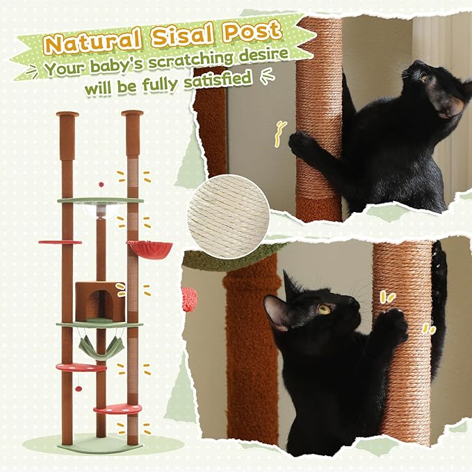 PEQULTI Floor to Ceiling Cat Tree 92.9’’-101.6’’ Height Adjustable Mushroom Cat Tower Tall Climbing Play House with Scratching Posts, Cozy Condo, Perches and Large Hammock for Indoor Cats Brown-Mewly Pet