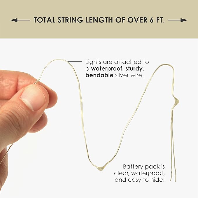 2 Sets 20 LEDs Cold White Color String Lights Silver Wire Indoor and Outdoor 6.5 Feet Firefly Starry Fairy Lights Battery Powered for DIY, Christmas, Holidays, Party, Bedroom and Centerpieces
