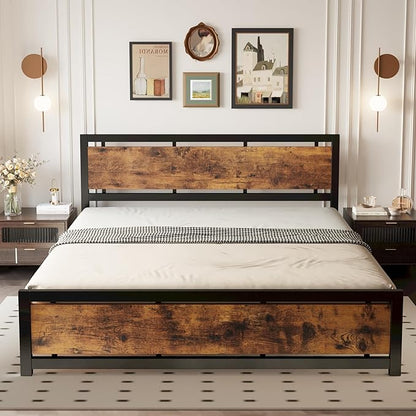 LIKIMIO King Bed Frame with Headboard and Footboard, Metal Strong Supports, Easy Assembly, Noise-Free, No Box Spring Needed, Vintage Brown
