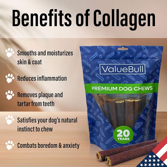 ValueBull USA Collagen Sticks for Dogs, 6 Inch Medium Chews, Natural Long-Lasting Dog Treats, 200 Count Bulk Pack - Promotes Joint, Skin & Coat Health with Glucosamine and Chondroitin-Mewly Pet