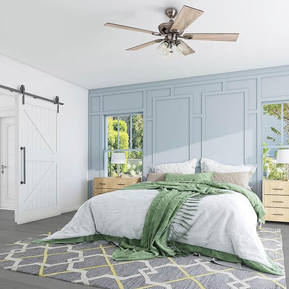 Prominence Home Glenmont, 52 Inch Farmhouse LED Ceiling Fan with Light, Pull Chain, Three Mounting Options, Dual Finish Blades, Reversible Motor - 50388-01 (Pewter)