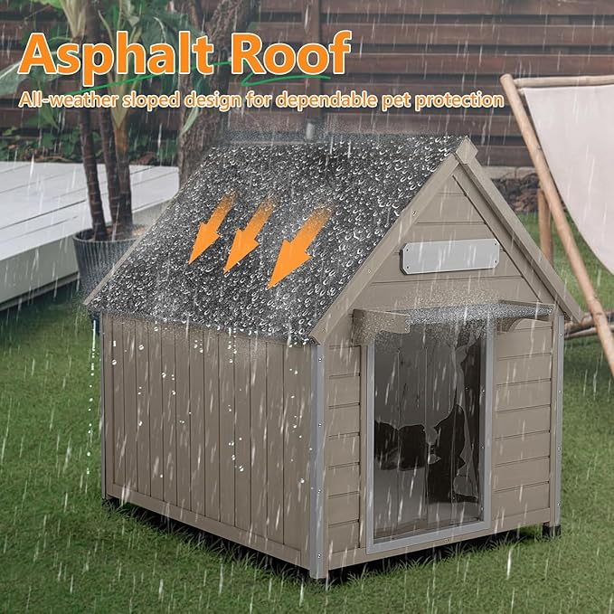 Large Dog House Outdoor Weatherproof, Wooden Dog Kennel Shelter with Anti-Chewing Iron Frame, Removable Floor for Medium to Large Dogs, Easy Clean and Assemble (30.5" L*37.4" W*39.3" H)-Mewly Pet