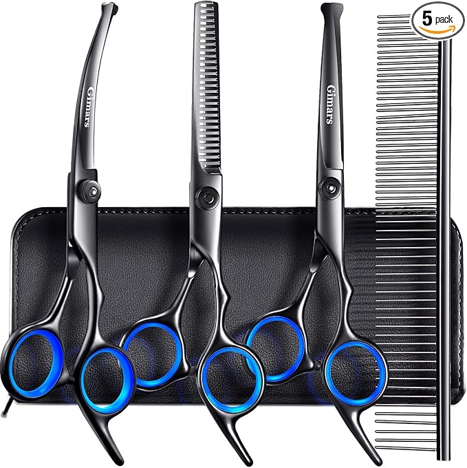 Gimars Dog Grooming Scissors Kit Professional 4CR with Safety Round Tip, 5 in 1 Heavy Duty Titanium Coated Thinning & Curved & Straight Shears-Mewly Pet