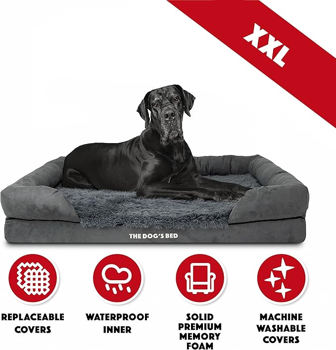 The Dog’s Bed, XXL Grey Fur Memory Foam, Pain Relief: Arthritis, Hip & Elbow Dysplasia, Post Surgery, Lameness, Supportive, Calming, Waterproof, Washable Cover, Veterinary Approved-Mewly Pet