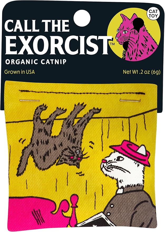 Blue Q Call The Exorcist Catnip Cat Toy. Premium Organic Catnip Grown in The USA, 100% Cotton Pouches, Kitty Graphics Sure to Delight Every Cat-Keeper.-Mewly Pet
