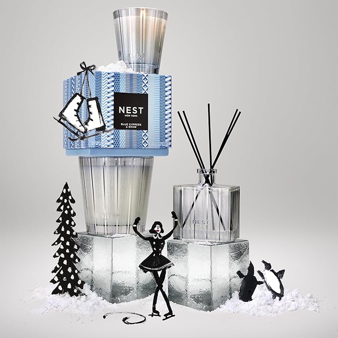 NEST New York Reed Diffuser, Blue Cypress & Snow - 5.9 fl oz - Fragrance for Up to 90 Days - Reusable, Refillable Glass Holder - Includes 8 All-Natural Reed Sticks - Flame Free