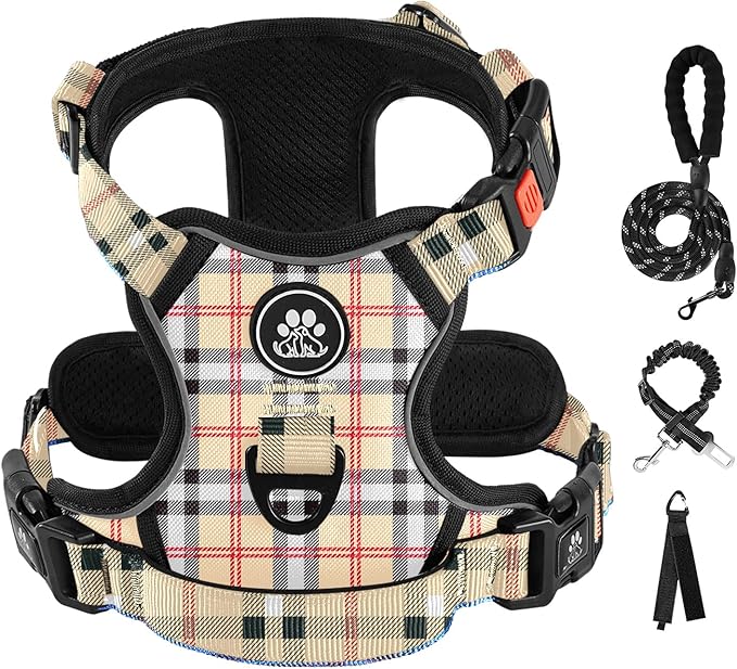 IVY&LANE No Pull Dog Harness with Leash Set, Reflective No Choke Pet Vest,Adjustable Oxford Dog Vest Harness with Easy Control Handle for Large Dogs (Checkered Beige,XL)-Mewly Pet