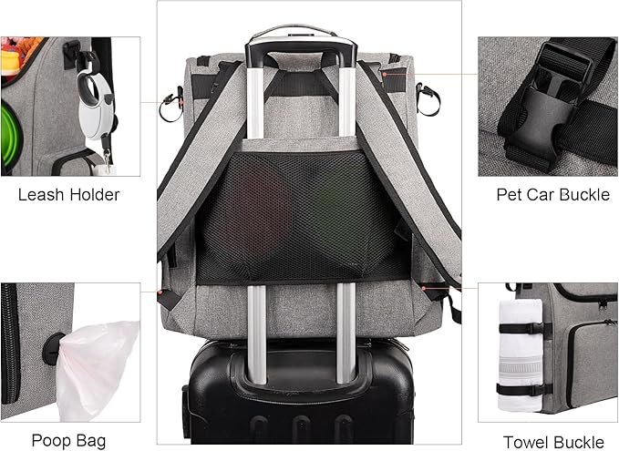 Modoker Dog Travel Bag Backpack, Airline Approved Pet Accessories Organizer for Dog and Cat with Shoulder Strap, 2 Dog Food Storage Containers, 2 Collapsible Dog Bowls,1 Pet Mat, Grey-Mewly Pet