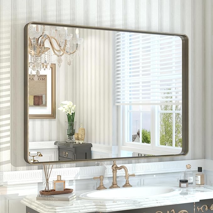 44x30 Bronze Bathroom Mirror, Brushed Metal Bathroom Vanity Mirrors for Wall, Rounded Corner Bronze Rectangle Mirror for Farmhouse, Bedroom, Anti-Rust (Horizontal/Vertical)