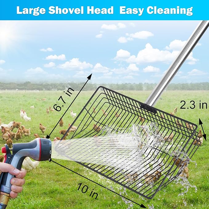 10 inch Large Chicken Poop Scooper,4 in1 Chicken Coop Poop Shovel,Adjustable 32" to 67" Stainless Steel Chicken Coop Scoop,Litter Sifting Shovel Poop Scooper for Chicken Coop Pet Waste-Mewly Pet