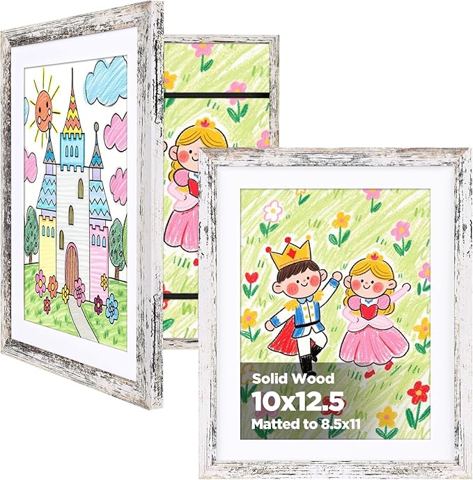 KINLINK 10x12.5 Kids Art Frames Set of 2, Solid Wood Kids Artwork Frames Changeable with Acrylic Front Opening Holds 150 Pictures, Art Frame for Kids Artwork with Mat or without Mat, Rustic White