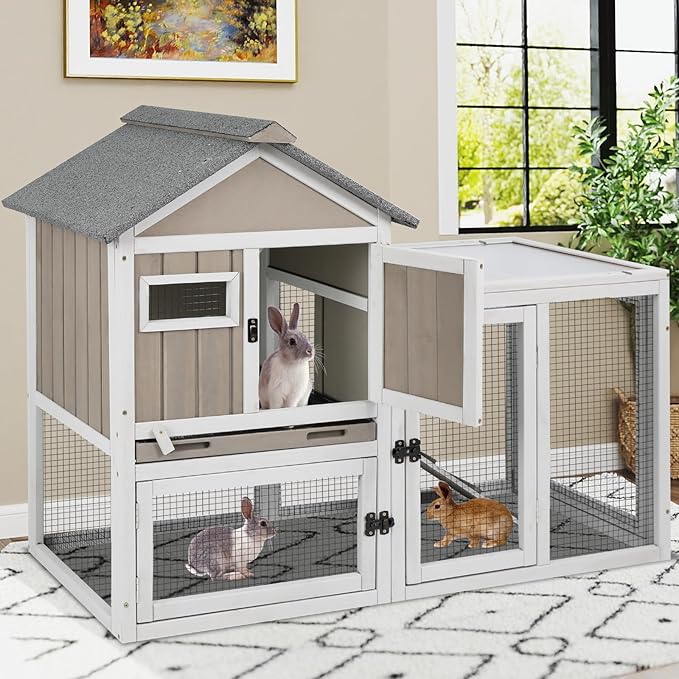 48" L Rabbit Hutch Outdoor Indoor Bunny Hutch Weatherproof, 2-Story Wood Rabbit Cage with Deep Tray, Chew-Resistant Ramp, UV Roof, Bunny House for Small Animal, Expandable Guinea Pig Cage-Mewly Pet