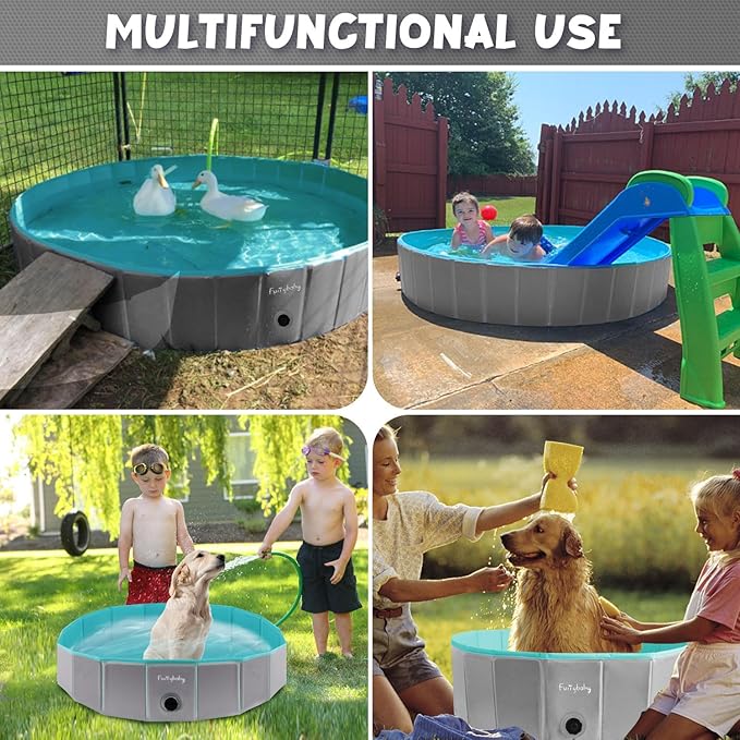 Furrybaby Foldable Dog Pool, Kiddie Pool Hard Plastic, Collapsible Pet Bath Portable Dog Swimming Pool for Pet, Dogs and Cats Grey 32''-Mewly Pet