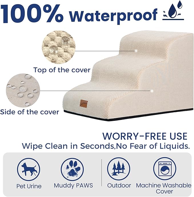 GoGoBunny Ramp Dog Stairs for Couch Sofa and Chair 15.7" H, 3-Step Pet Steps for Small Dogs and Cats, Non-Slip Waterproof Fabric Cover, Stable and Balanced Indoor Step, Pets Friendly, Beige-Mewly Pet