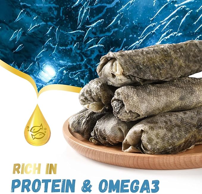 Dog Treats Natural Cod Skin Rolls, Rawhide-Free Chewy Fish Skin Dog Chews, One-Ingredient Healthy Training Treats Rich in Omega3 & Protein, 10.6 oz-Mewly Pet