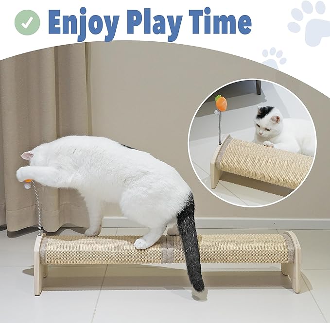 Cat Scratching Post, 30" Horizontal Sisal Scratch Post for Indoor Cats, Durable Cat Furniture Protector with Spring Toy-Mewly Pet