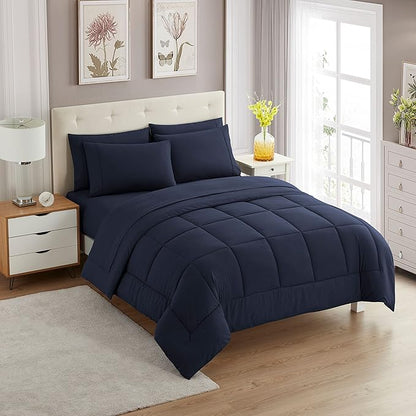 Sweet Home Collection 7 Piece Comforter Set Bag Solid Color All Season Soft Down Alternative Blanket & Luxurious Microfiber Bed Sheets, Navy, Queen