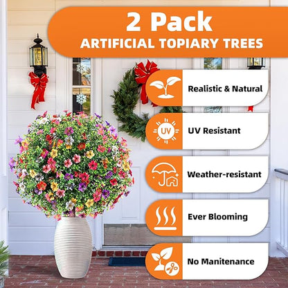 27.5" Artificial Boxwood Topiary Ball Trees with Colorful Flowers, Set of 2 Fake Shrubs Bushes with Ground Spike, UV Resistant Faux Evergreen Plants for Outdoor Planters Front Porch Garden Decor
