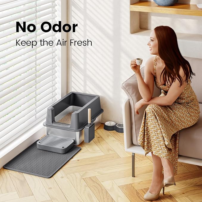 Stainless Steel Cat Litter Box - Enclosed XL Metal Kitty Litter Box with Lid for Big Cats, High Sided, Anti-Leakage, Easy Cleaning, Non-Sticky, Included Litter Mat, Cat Bowl & Spoon-Mewly Pet