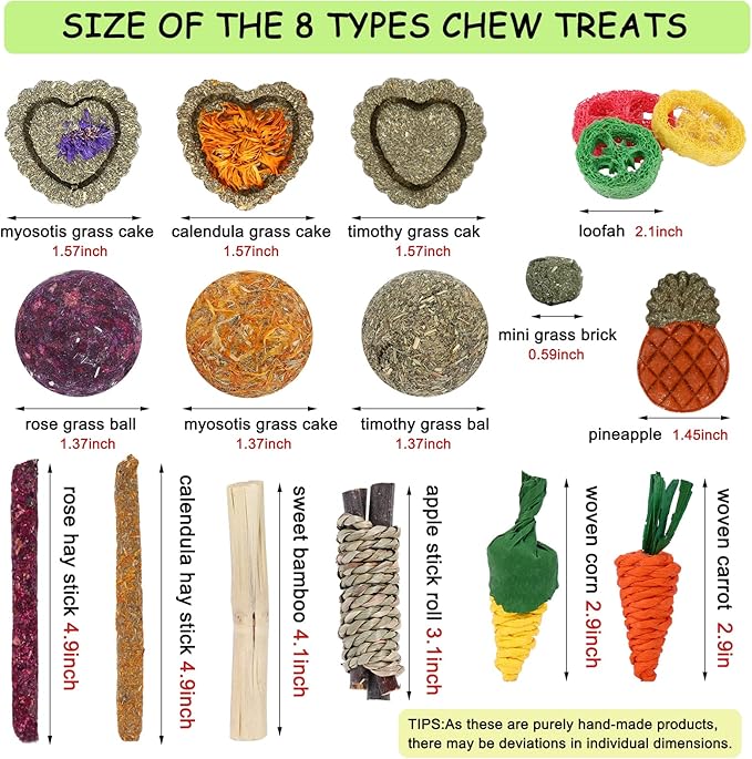 VESPRO Bunny Toys, 21PCS Rabbit Chew Toys for Teeth, Guinea Pig Natural Treats, Timothy Hay Sticks for Chinchillas Hamsters Rats, Small Animals Teeth Grinding-Mewly Pet