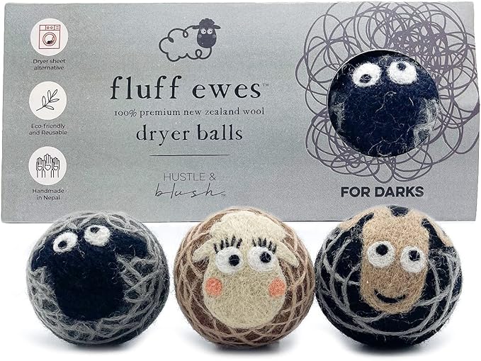 Fluff Ewes Wool Dryer Balls 3 Pack Premium New Zealand Wool Laundry Balls for Dryer, No Static Dryer Balls Laundry Reusable Cute - XL Wool Dryer Balls Cute, Baby Dryer Balls for Dryers - Darks-Mewly Pet