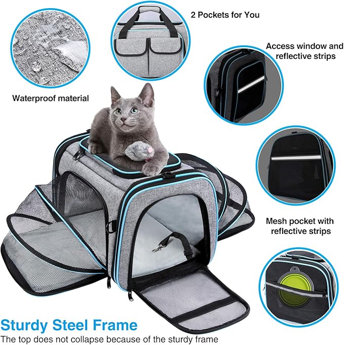 Airline Approved Pet Carrier, Large Soft Sided Pet Travel TSA Carrier 4 Sides Expandable Cat Collapsible Carriers with Removable Fleece Pad and Pockets for Cats Dogs and Small Animals-Mewly Pet