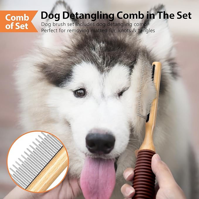 Dog Brush for Long Haired Dogs, 27mm Extra Long Metal Pin Dog Deshedding Brush and Comb Set, Short Haired Shedding Grooming Detail Pets Brush Set with Rubber Handle-Mewly Pet