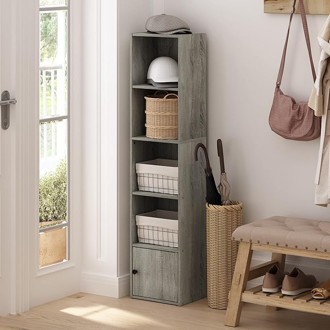 Furinno LUDER Book Shelf, 5-Tier Modern Bookshelf, Bookcase with 1 Door Storage Cabinet, 9.3" x 12" x 52", for Living Room, Bedroom, Home Office, French Oak