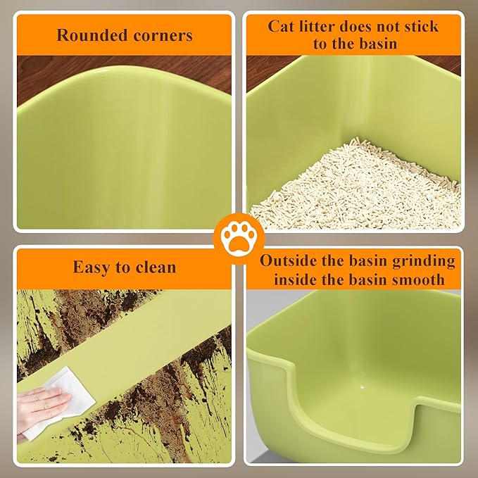 Large Cat Litter Box with High Sides, Open Kitty Litter Boxes Anti-Splashing for Indoor Cat Low Entry Cat Litter Pan for Small and Elderly Cats, Tool-Free Assembly(19.7” * 15.76” * 8.67” Green)-Mewly Pet