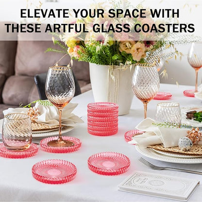 Glass Candle Holders, GOH DODD Set of 8 Crystal Pillar Plates Modern Coasters for Drinks, Centerpiece, Home Decor, Kitchen, Living Room, Patio, Wedding, Halloween, Christmas, Party, Clear Red