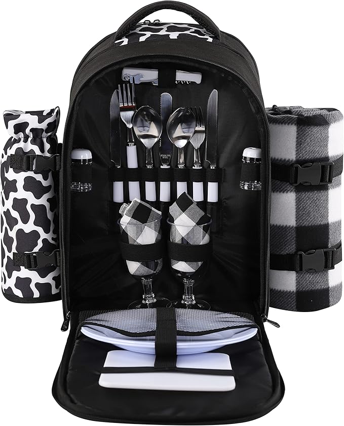 apollo walker Picnic Backpack Bag for 2 Person with Cooler Compartment, Detachable Bottle/Wine Holder, Fleece Blanket, Plates and Cutlery Set (2 Person, Black)-Mewly Pet