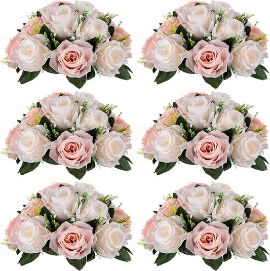 NUPTIO Flower Balls for Wedding Centrepieces - 6 Pcs 9.5in Diameter Artificial Flower Ball Arrangement Bouquet Peachy Pink & Creamy White Fake Rose Flowers Party Centerpieces for Weddings Tables