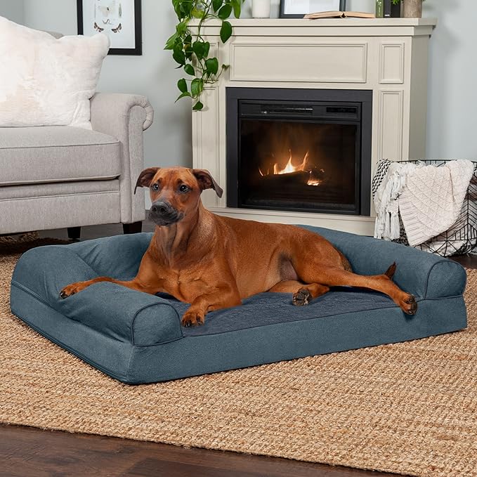 Furhaven Orthopedic Dog Bed for Large Dogs w/ Removable Bolsters & Washable Cover, For Dogs Up to 95 lbs - Sherpa & Chenille Sofa - Orion Blue, Jumbo/XL-Mewly Pet