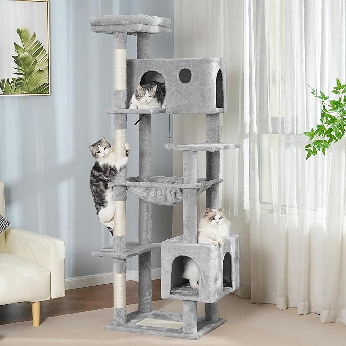 72” Cat Tree for Large Cats Big Cat Tower with Enlarged Hammock 21.6x17.7” Spacious Cats Condo House and Roomy Top Bed and Multiple Scratch Posts for Indoor Adult Cats (Grey, XLarge-72)-Mewly Pet