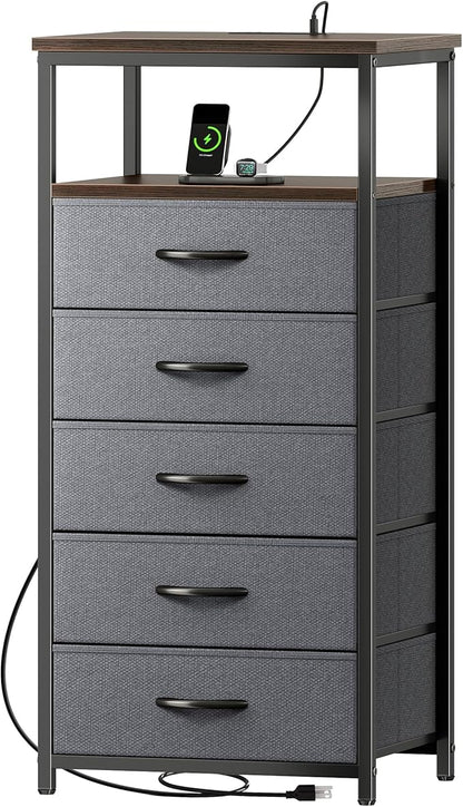 Huuger 5 Drawers Dresser with Charging Station, Dresser for Bedroom, Tall Night Stand, Chest of Drawers with Open Shelf, Bedside Table Nightstand, Fabric, for Entryway, Adult Only, Walnut