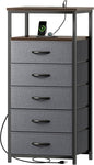 Huuger 5 Drawers Dresser with Charging Station, Dresser for Bedroom, Tall Night Stand, Chest of Drawers with Open Shelf, Bedside Table Nightstand, Fabric, for Entryway, Adult Only, Walnut