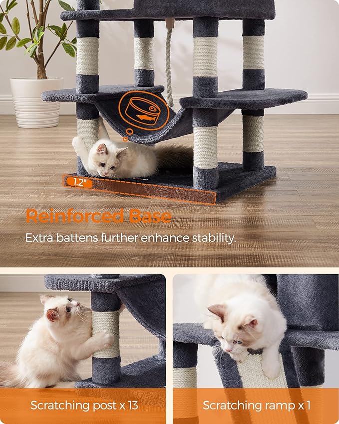 Feandrea Cat Tree, 66.1-Inch Large Cat Tower with 13 Scratching Posts, 2 Perches, 2 Caves, Basket, Hammock, Pompoms, Multi-Level Plush Cat Condo for Indoor Cats, Smoky Gray UPCT165G01-Mewly Pet