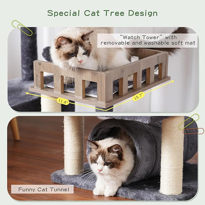 Cat Tree with Tunnel, Cat Tower for Indoor Cats, Tall Cat Tree Tower with Cat Condo, Food Station, Large Platform, Scratching Posts, Hammock, Smoky Gray GCT021G-Mewly Pet