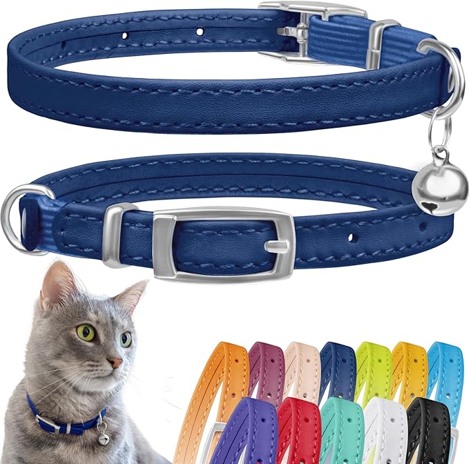 CollarDirect Leather Cat Collar, Kitten Collar with Removable Bell Black Blue Red Orange Lime Green (Neck Fit 8"-11", Navy Blue)-Mewly Pet