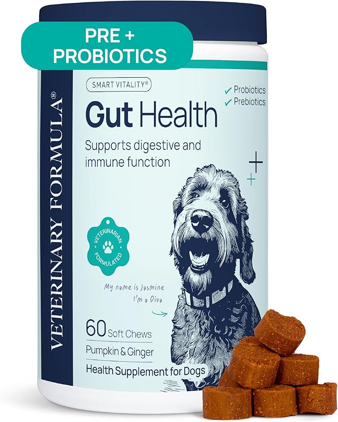 Veterinary Formula Gut Health Supplement for Dogs – Vet-Formulated Probiotic Chews with Digestive Enzymes & Fiber – Smart Vitality Supports Digestive Health, Gut Balance & Stool Quality, 60 Soft Chews-Mewly Pet