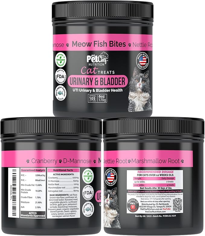 Pet Chef Feline Treats - Fix Cat UTI - Natural & Organic UTI Remedy for Cats. Feline UTI Prevention - Low Calories- Reduce cat Fur Balls, and Vomiting. Cat Urine Crystals Prevention.-Mewly Pet